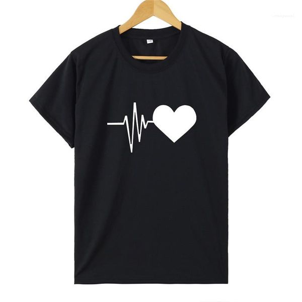 

женщины повседневная лето твердые вершины симпатичные сердце печати tshirt электрокардиограмма шаблон с коротким рукавом экипаж шеи сыпучие, White