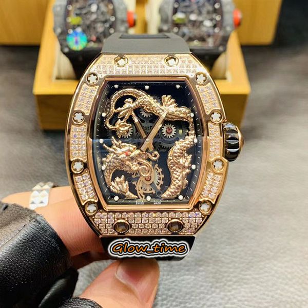 

edition jackie chan rm 057 3d dragon totem dial rose gold diamond case japan miyota automatic rm057 mens watch rubber designer watches, Slivery;brown