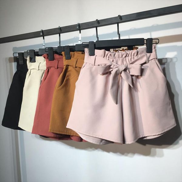 

2018 new summer autumn fashion elastic sashes high waist shorts women vintage wide leg shorts solid thin bow female shorts mw204, White;black