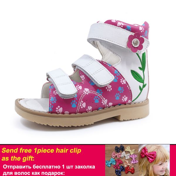 

kids girls summer orthopedic genuine leather sandals children lovely spring summer flower printing diagnostic sole shoes, Black;red