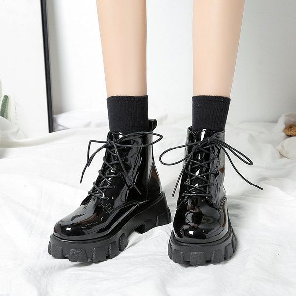 

rimocy fashion platform lace up ankle boots for women patent leather autumn winter shoes woman thick sole motorcycle booties, Black