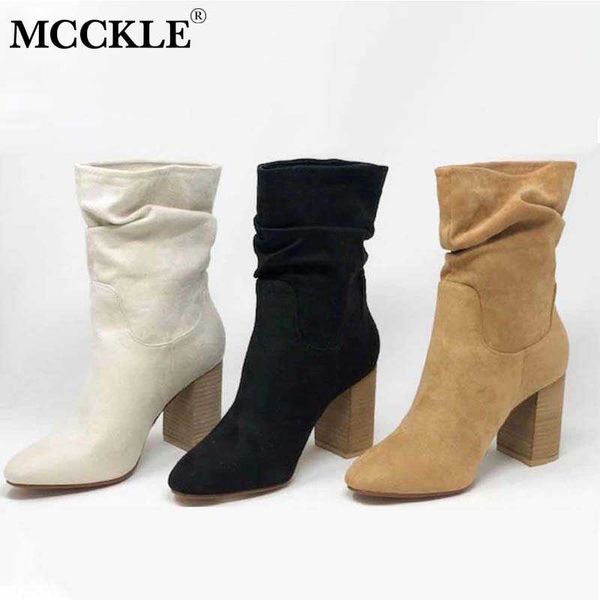 

women boots mid calf pumps autumn winter ladies high heels pointed toe fashion woman shoes plus size female 2020 new footwear, Black
