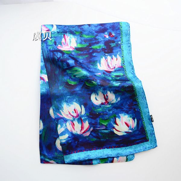 

monet's oil painting of lotus long scarf women sunscreen soft thin natural silk scarf scarves wrap shawl christmas gift for lady, Blue;gray