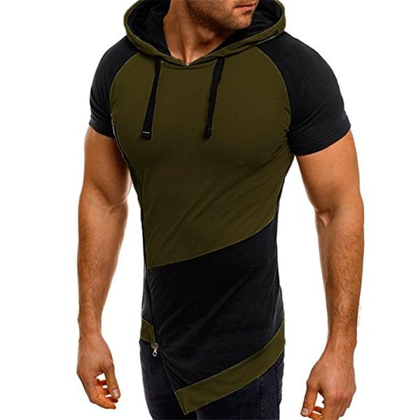 

icelion 2020 summer hooded short sleeve t shirt men fashion oblique zipper hit color patchwork t-shirt slim fit men's tshirt t200713, White;black
