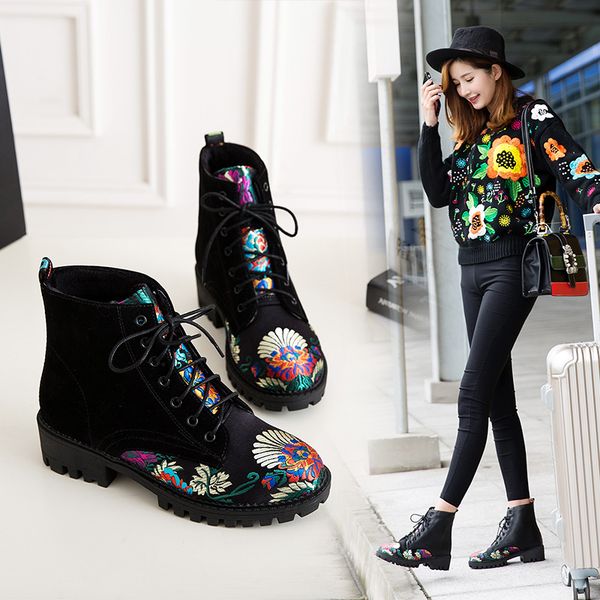 

2020 new women embroider high ankle shoes boots black flock pu leather plus size lace up rivet flower shoes