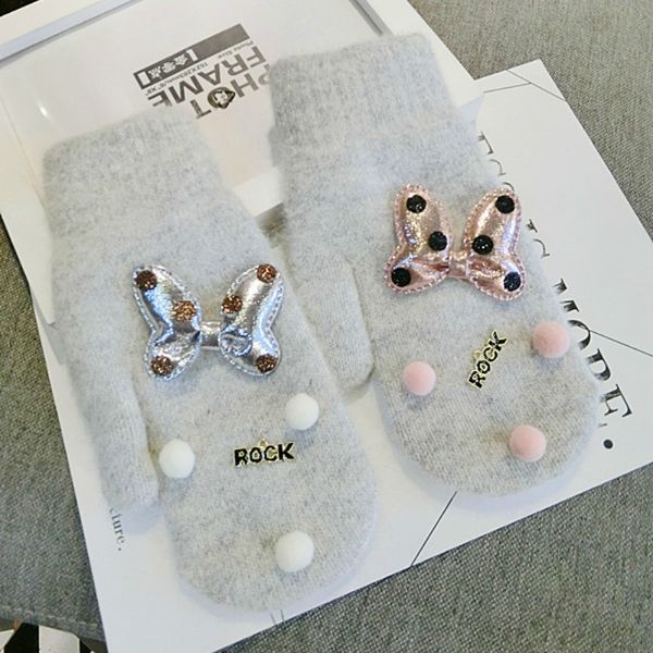 

five fingers gloves korean lovely girl wool bow warm knitted women spring winter gray mittens, Blue;gray