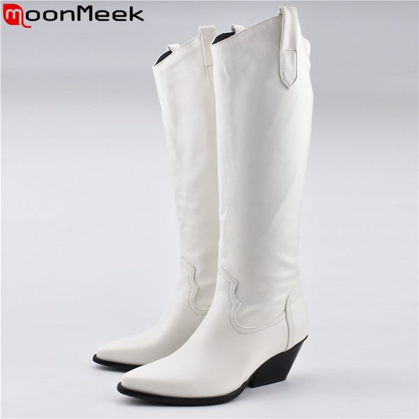 

moonmeek 2020 new knee high boots women pointed toe thick high heels autumn winter boots simple slip on riding women`s, Black