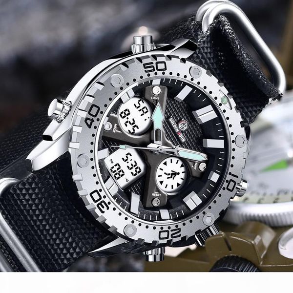 

goldenhour men's dual display quartz watches fashion luxury canvas strap watch male sports chronograph wristwatch, Slivery;brown