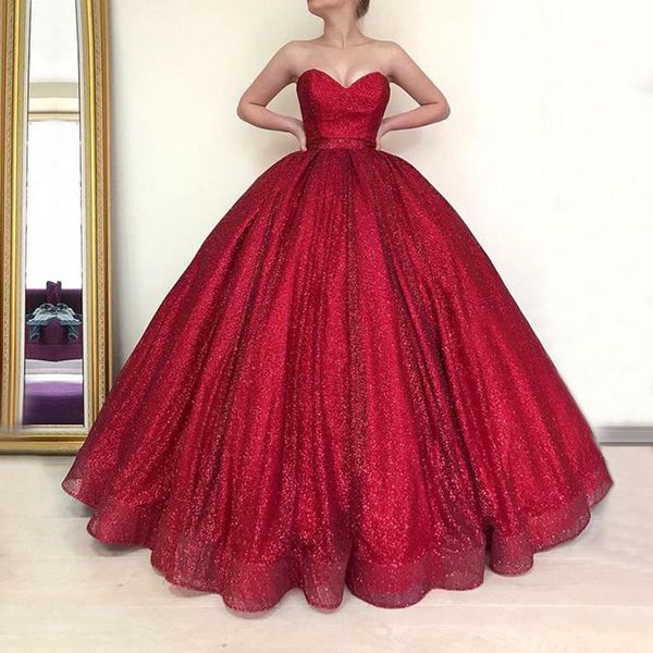 

Dubai Arab Bling Sequined Ball Gown Quinceanera Prom Dresses 2020 Strapless Sweep Train Lace Up Back Formal Evening Party Gowns
