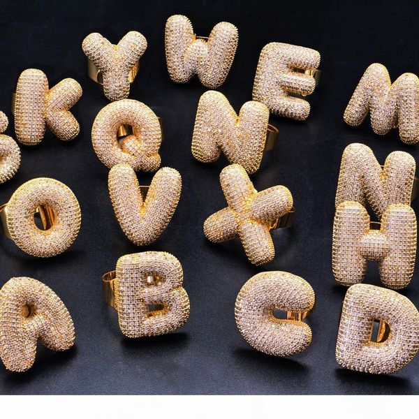 

personalized 18k gold plated iced diamond a-z bubble letter finger rings band mens womens cz open cuff ring hip hop jewelry gift for couples, Golden;silver