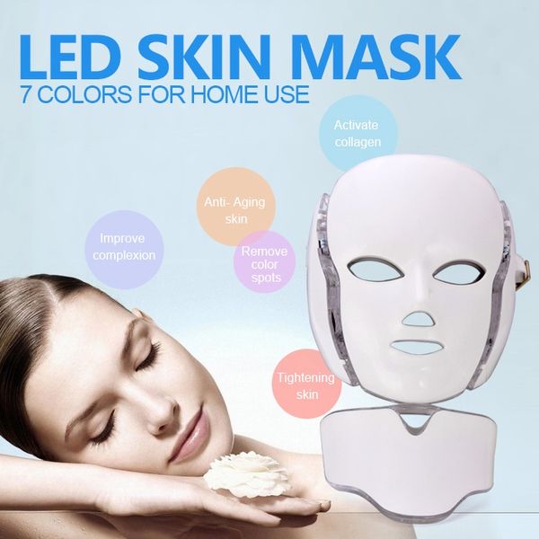 7 Cores cara LED Máscara Photon PDT Luz theray protetor facial com Pescoço Pele Rejuvanation Multifunction Sarda remoção beleza máquina