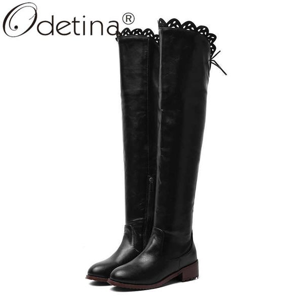 

odetina new women back lace up over the knee boots side zip up low heels winter warm retro thigh high riding boots plus size 48, Black