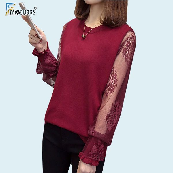 

women 2020 design plus size clothes o neck long sleeve patchwork black mesh sheer lace tunic knitted sweater pullovers f112, White;black