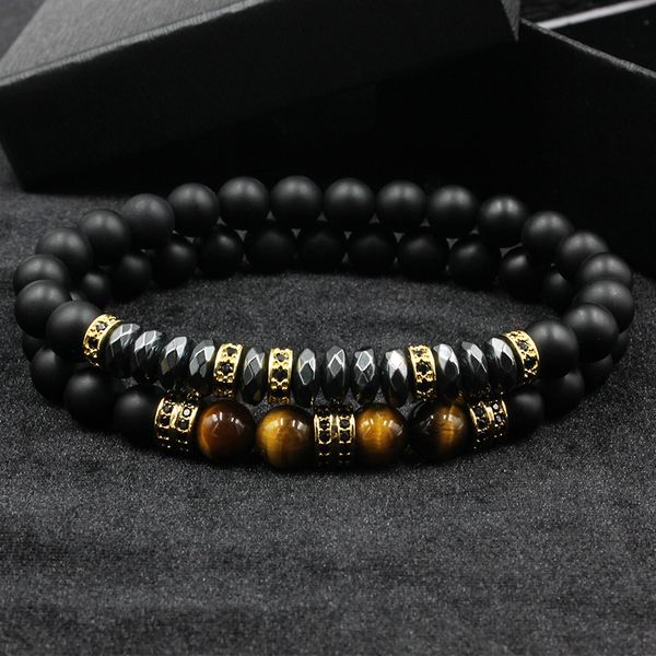 

2pcs/set brand new fashion pave cz men bracelet 8mm matte beads with hematite bead diy charm bracelet for men jewelry, Golden;silver