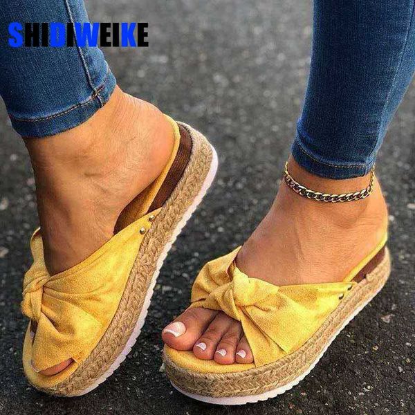 

slippers women slides bow summer sandals bow-knot slippers thick soles flat platform female yellow beach shoes flip flops ab580, Black