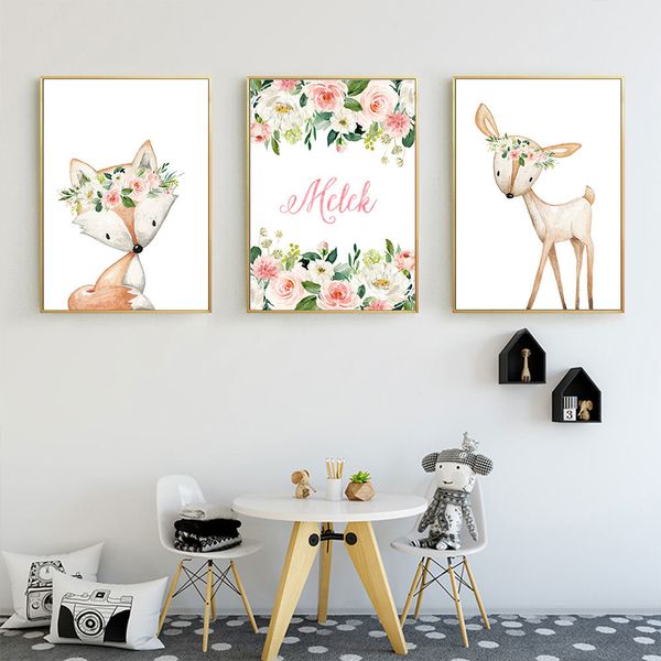

fox deer woodland animal art print custom name poster rose flower canvas painting nursery wall art pictures baby girl room decor