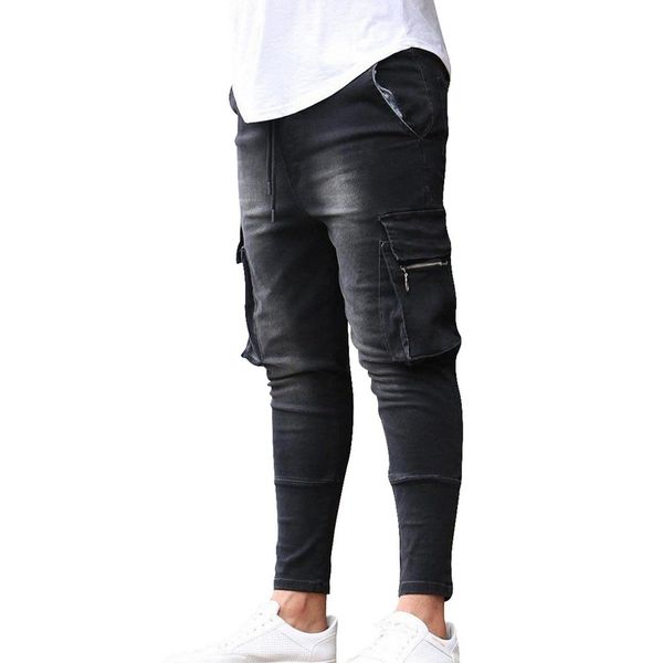 

men denim pencil pants jeans men pants casual cotton denim trousers multi pocket cargo jeans pocket slim hiphop, Blue