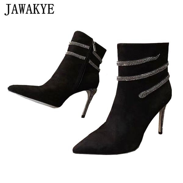 

new crystal shoes suede ankle boots women black high heels pointed toe short boots snake around wedding party