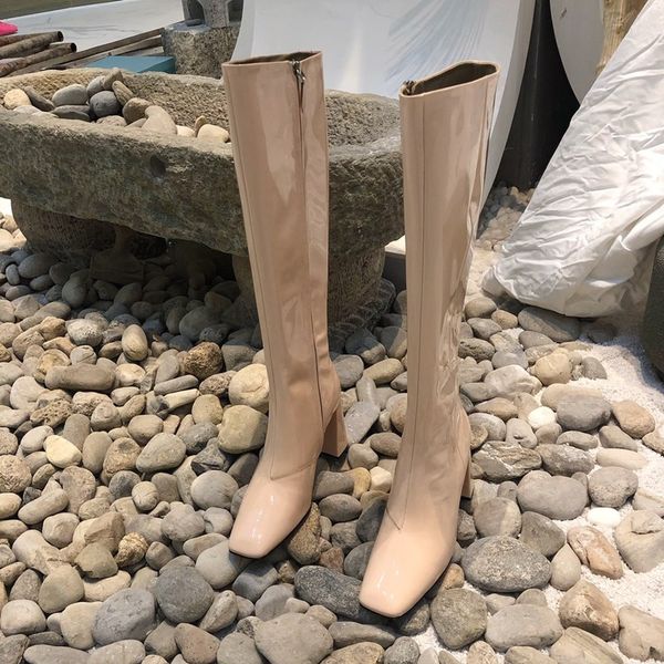 

knee-high woman boots patent leather solid color square toe ladies shoes high heel luxury designer new zapatos de mujer, Black