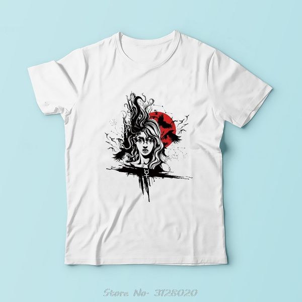 

gothic mystery girl with moon totems tshirt men new white casual cool t shirt cotton high definition no glue print t-shirt