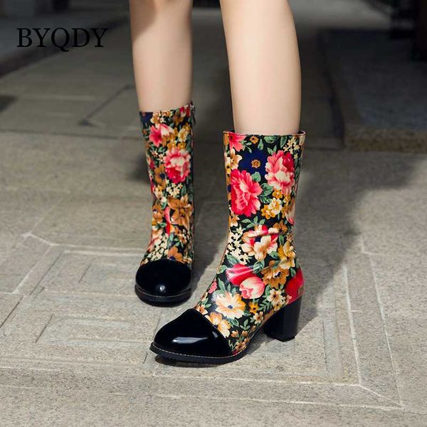 

byqdy printed flower boots hoof heels glitter women shoes with zip round toe 21cm tube height pu leather sock shoes for artists, Black