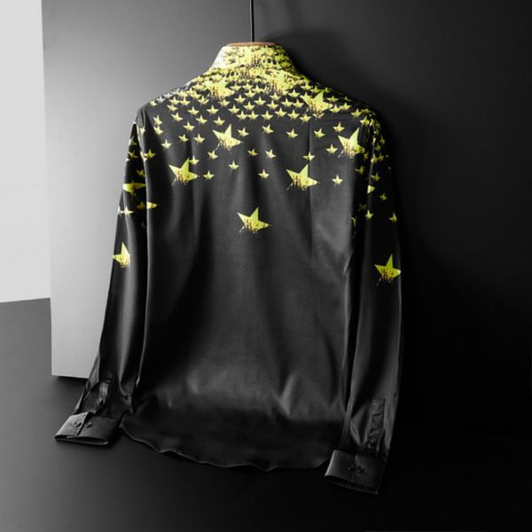 

mens shirt yellow star print pattern male casual fashion clothes comfortable rugular long sleeve active new clothes, White;black