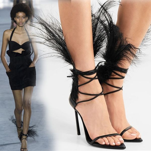 

fashion feather decor women sandals 10cm thin high heels pointed toe shoes woman black open toe cross-tied sandalias mujer