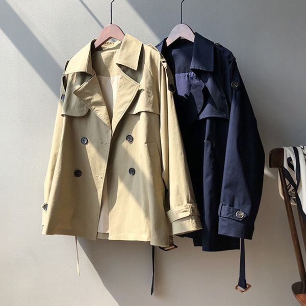 

trench coat turn down collar clothes windbreaker spring autumn women's plus size medium length khaki navy double breasted, Tan;black