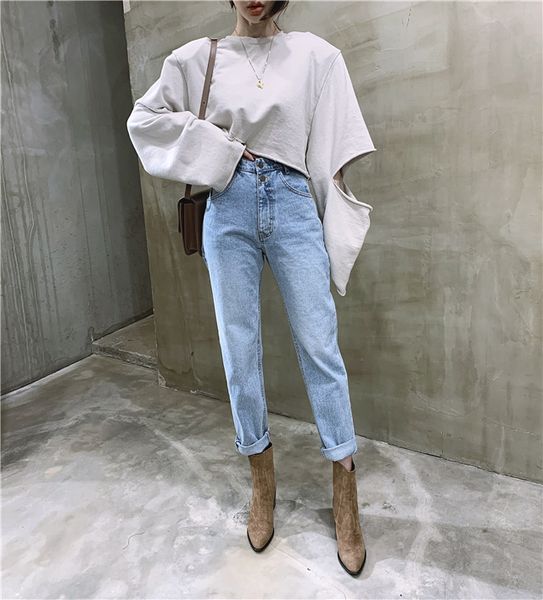 

fashion women buttons zipper clothing summer womens designer streetwear jeans solid color high waist straight pants, Blue