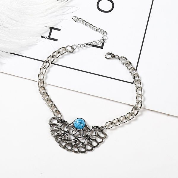 

2020 retro ethnic wind carved flower star pattern blue gem alloy bracelet bangle fashion women metal jewelry bracelet gift, Golden;silver