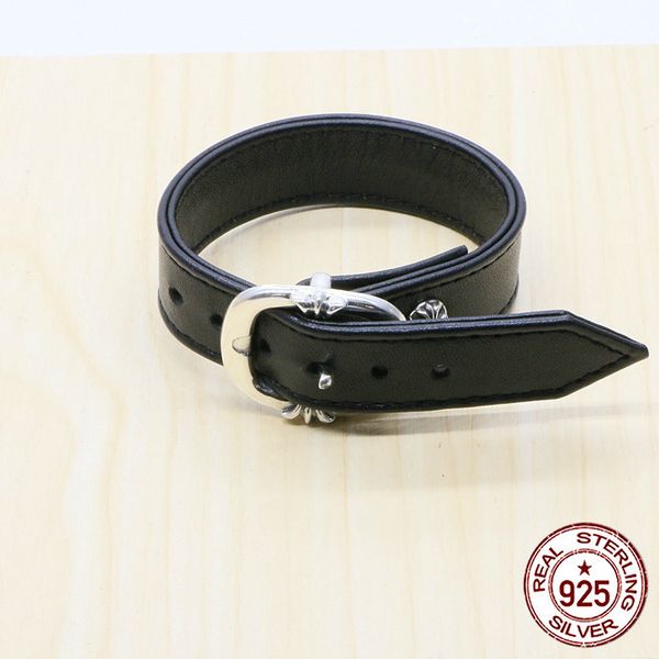 

100% s925 sterling silver leather bracelet personality fashion retro hip hop punk jewelry cross flower around the shape to send, Golden;silver