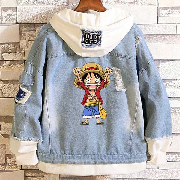 

men's jackets anime one piece monkey d luffy gear fourth casual layered denim frayed rib sleeve hooded jean jacket loose cowboy coat, Black;brown