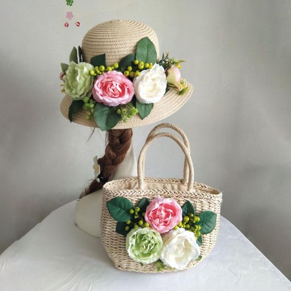 

women fashion summer beach bag weave starw artificial flower lady holiday handbag casual hat suit bohemia style for pgraph