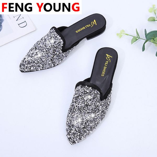 

woman slipper casual shoes mules slippers women shoes female mules fashion crystal bling shoe square low heels elegant, Black
