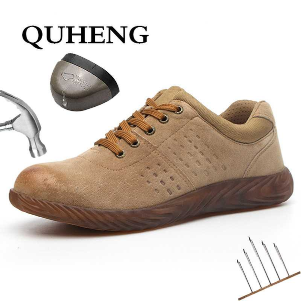 

quheng men's steel toe cap protective work boots shoes outdoor anti smashing shoes men puncture proof safety sneakers, Black