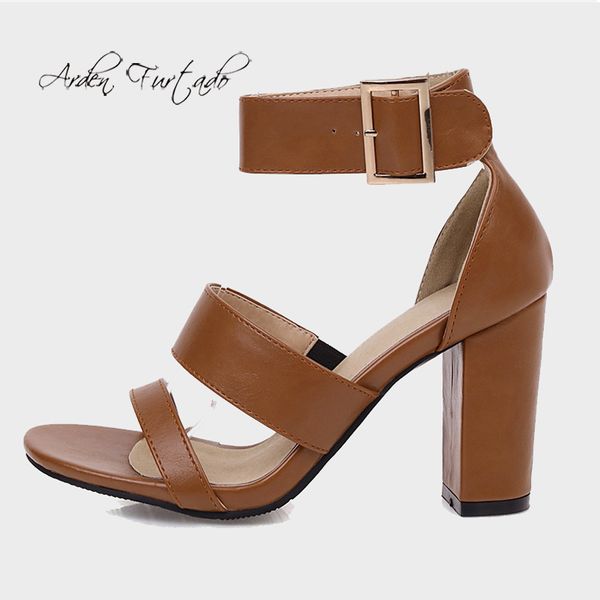 

summer fashion women's shoes chunky heels buckle elegant pure color sandals black brown classics narrow band big size 44 45