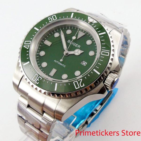 

wristwatches bliger luminous 44mm self winding men's watch green dial date stainless steeel strap, Slivery;brown