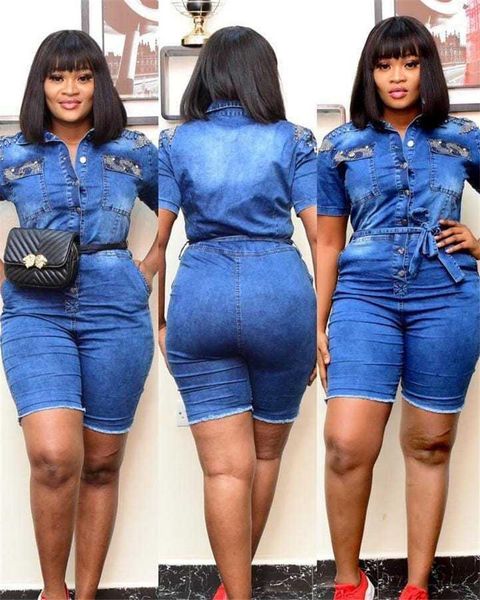 

sleeve lapel neck single breasted washed denim rompers plus size women clothing plus size women jumpsuit casual short