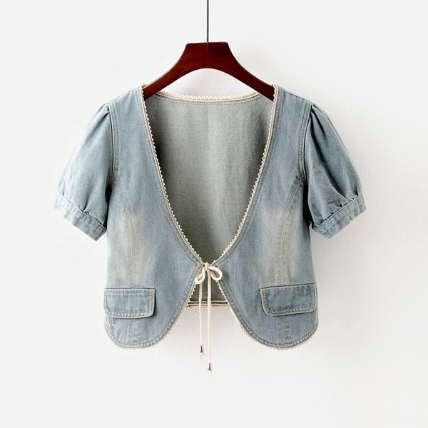 

summer fashion short sleeve denim jacket coat shawl cardigan outerwear female big size slim lace up v neck short jeans jackets, Black;brown