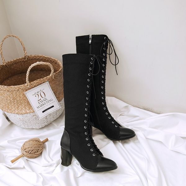

boots oversized thigh high knee over the women ladies splice cross strap side zipper, Black
