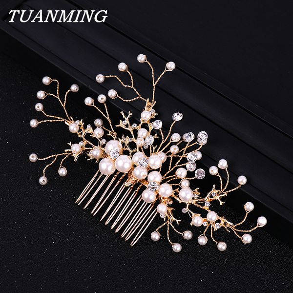 

rhinestone pearl hair comb bride head jewelry golden women hair combs accessories flower wedding comb headband pearl, Golden;silver