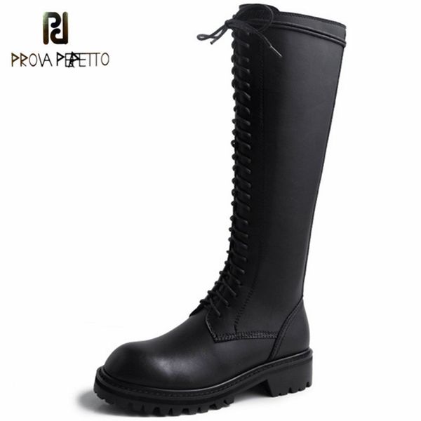 

prova perfetto новизна круглый toe boots женщины классика классика квадратным каблуком толстым дном низкий каблук из натуральной кожи botas, Black