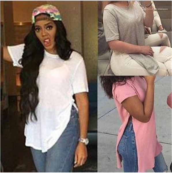 

short sleeve crew neck split tees fashion solid color womens 2020 luxury designer tshirt summer, White
