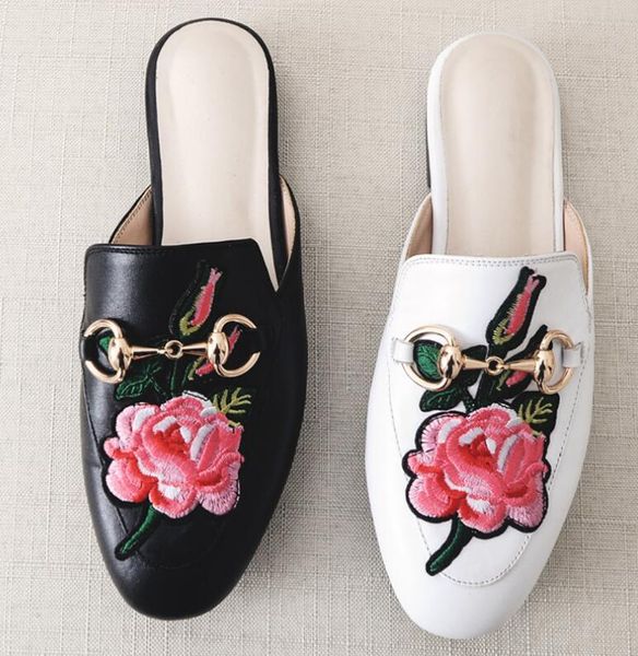 

handmade embroidery 100% genuine leather shoes women s flats casual shoes fashoin slippers woman sandals, Black