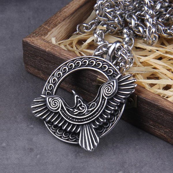 

never fade viking triple horn of odin raven huginn and muninn amulet stainless steel rune pendant necklace with wooden box, Silver