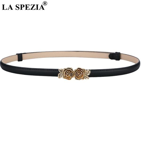 

la spezia black thin women belt genuine leather flower ladies belt for dress quality second layer cow leather female waist, Black;brown