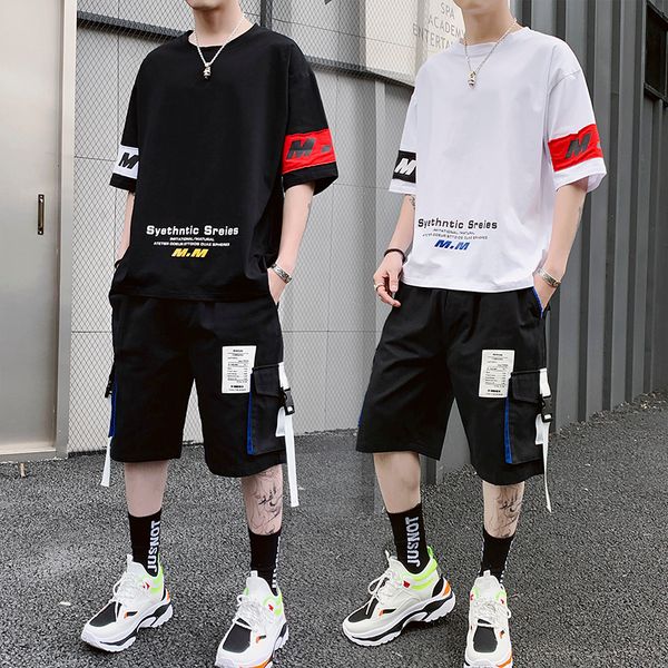 

running sets 2021 men fashion tracksuit streetwear summer short sleeve t shirts and shorts two pieces suit hip hop mens sportswear set, Black;blue