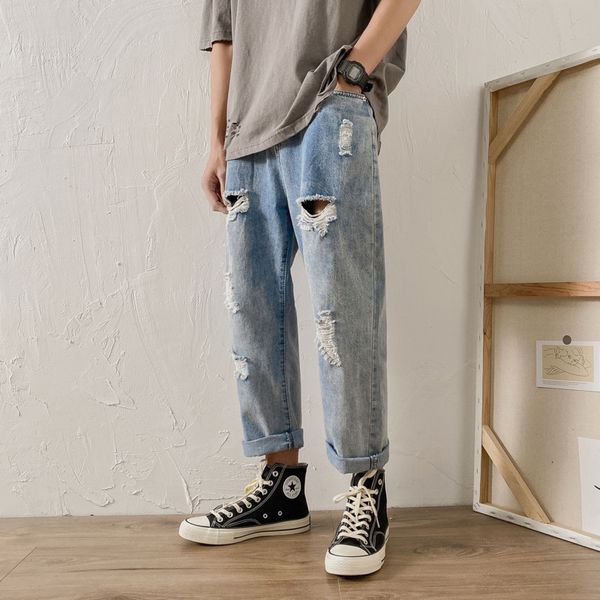 

ripped jeans men's fashion retro casual straight jeans pants men streetwear wild loose hip-hop ripped denim trousers mens -2xl, Blue