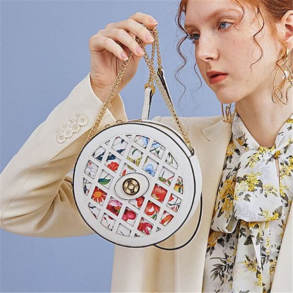 

2020 summer new shoulder messenger chain small round bag female fashion hollow printed round cake bags women leather handbags