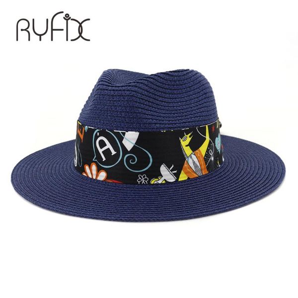 

outdoor beach black design ribbon sun hat jazz hat lovers flat edge straw ha143, Blue;gray